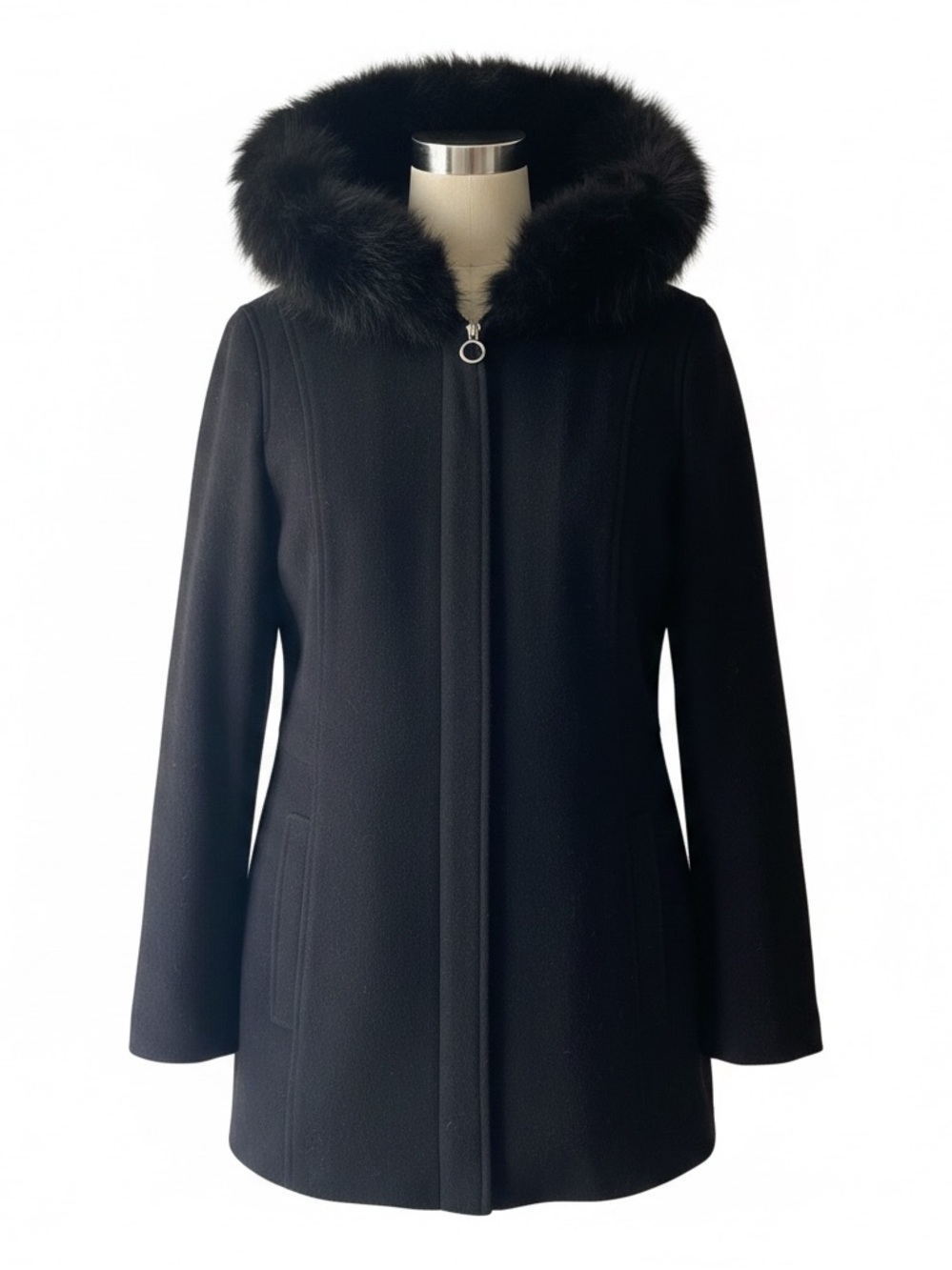 Anne Klein Black Wool Trench Coat with Black Fox Fur trimmed hood